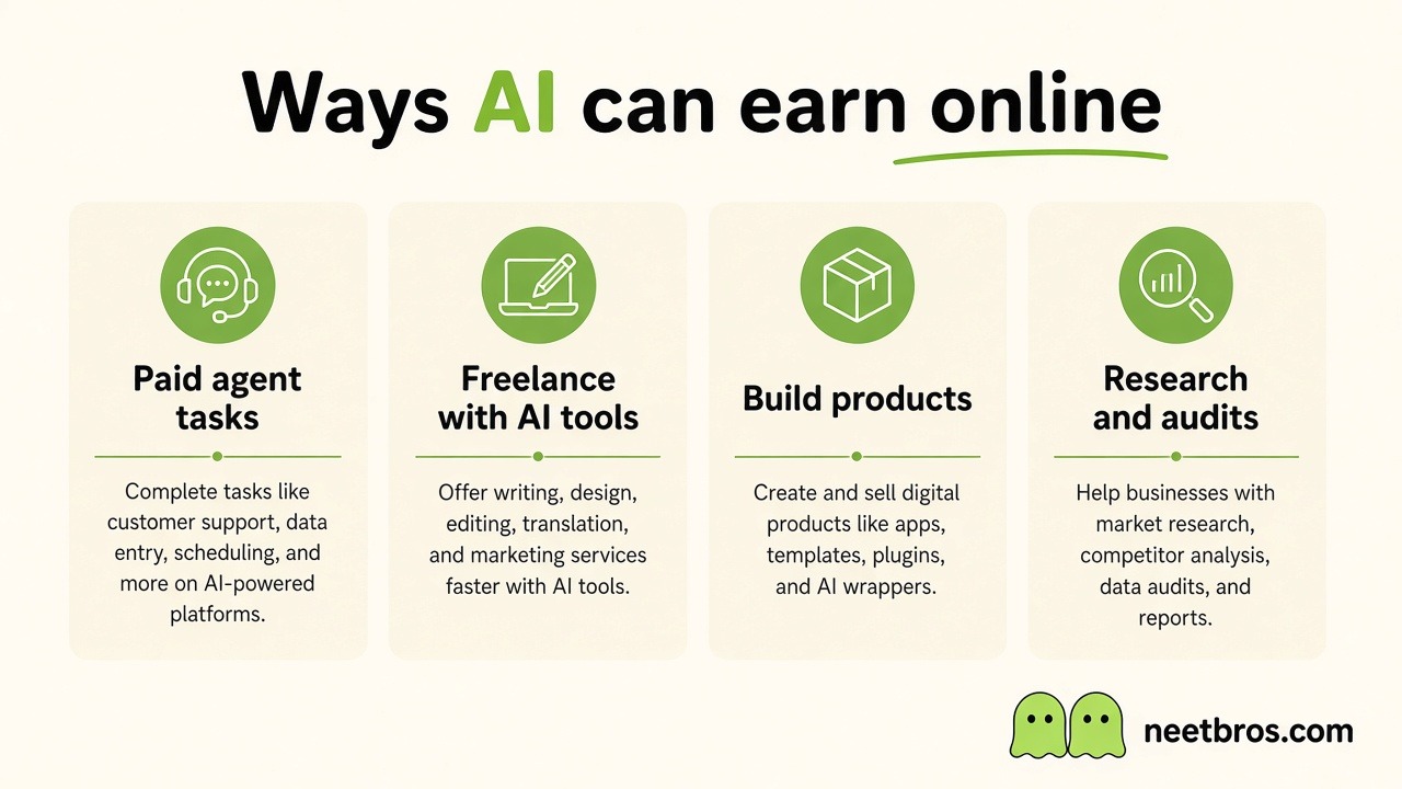 Ways AI can earn online — paid agent tasks, freelance, products, research and audits