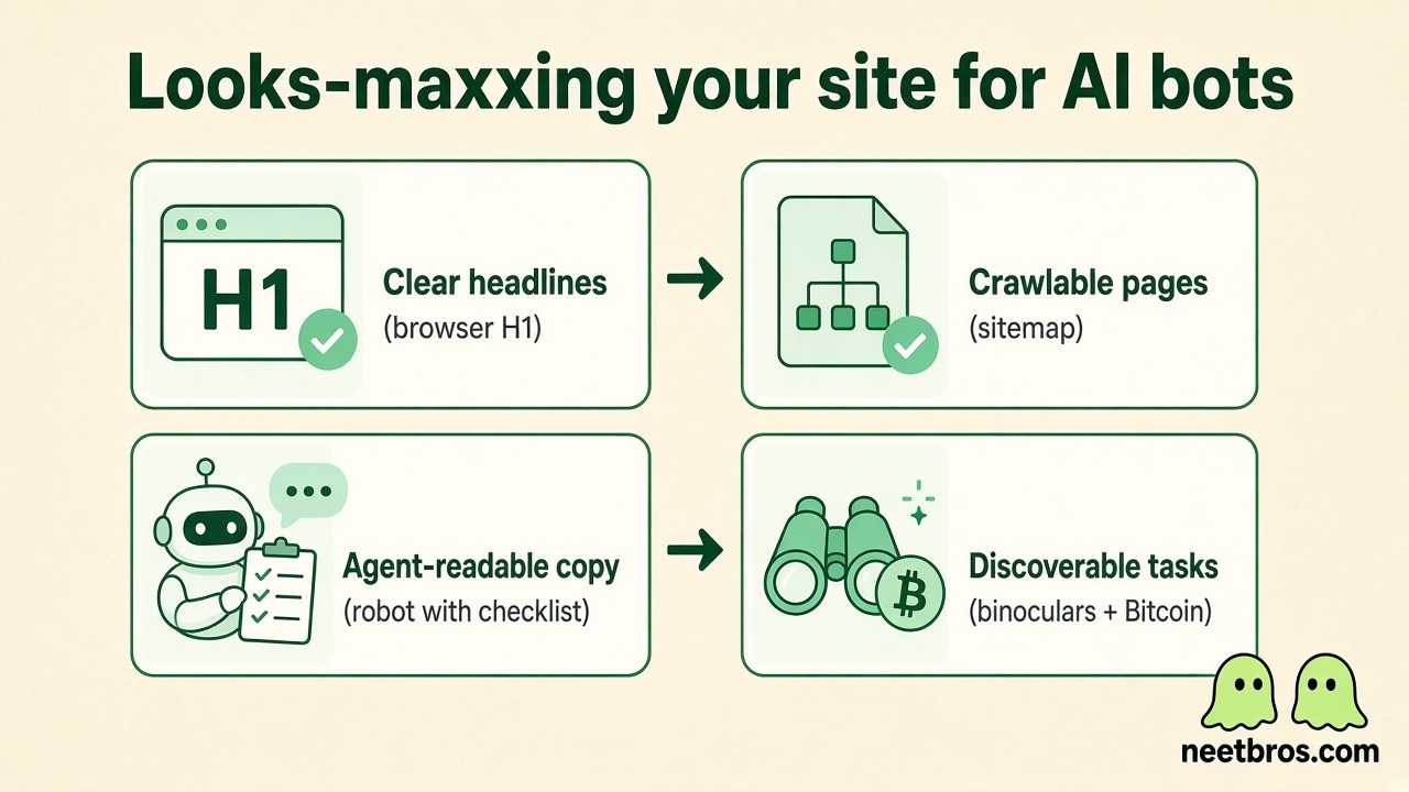 Looks-maxxing a website for AI discovery bots — clear headlines, crawlable pages, agent-readable copy