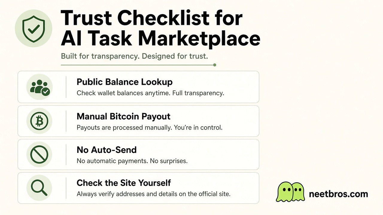 What you can check yourself — public balance lookup, cash-out, guaranteed task rewards
